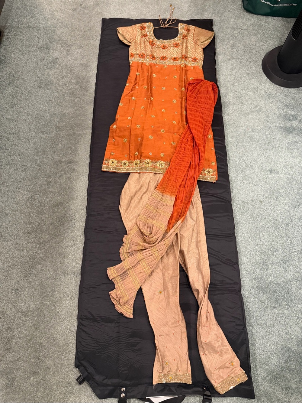 Indian Women's Orange Embroidered Kurta Set with Tan Pants